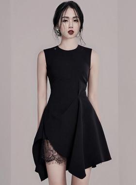 泰国潮牌连衣裙6028M 1isn拼夏cic气质蕾丝接黑色连衣裙修身高h
