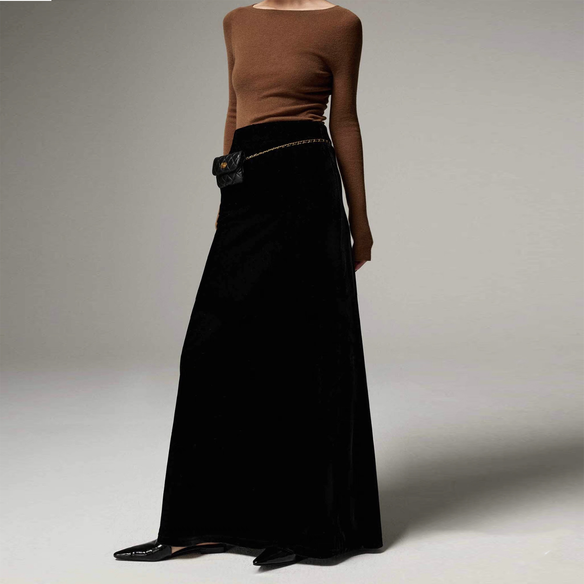 超模腿精丝绒长裙垂坠感显瘦