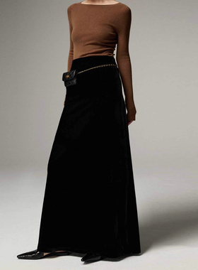 MSL腿精法式立体裙超模金丝绒半裙a字垂坠光泽感显瘦秋新款女长裙