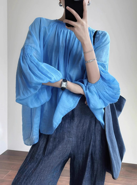 MSL100%亚麻蓝色衬衫女多巴胺法式慵懒风灯笼长袖衬衣防晒薄款