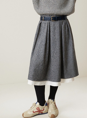 MSL法式时髦复古灰色条纹拼接羊毛半身裙女大摆半裙高腰显瘦新款