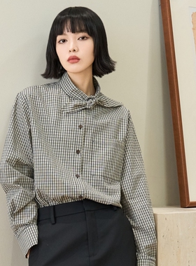 MSL千鸟格纹领结设计感法式复古衬衣宽松休闲格子外搭内穿衬衫女