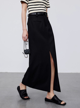 MSL长款黑色极简风百搭显瘦H型前开叉半身裙西装包臀裙设计新款