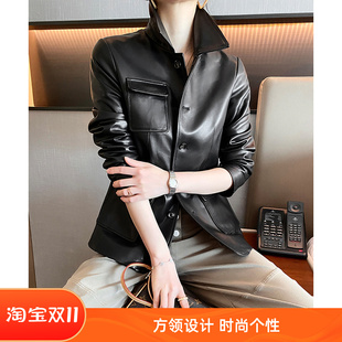 风真皮绵羊皮小皮衣外套女2025秋季 高端短款 贴袋工装 个性 方领时尚