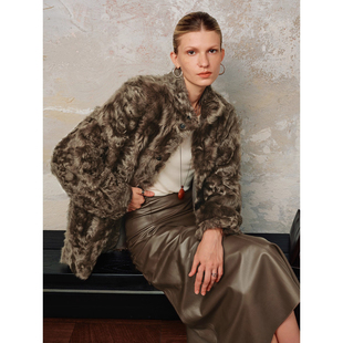 立领宽松显瘦双面穿小湖羊环保皮草外套 新款 仿皮毛一体女款 25冬季