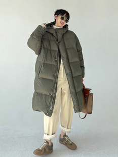 米白色休闲宽松保暖白鹅绒小个子中长款连帽羽绒服女2025冬季新款