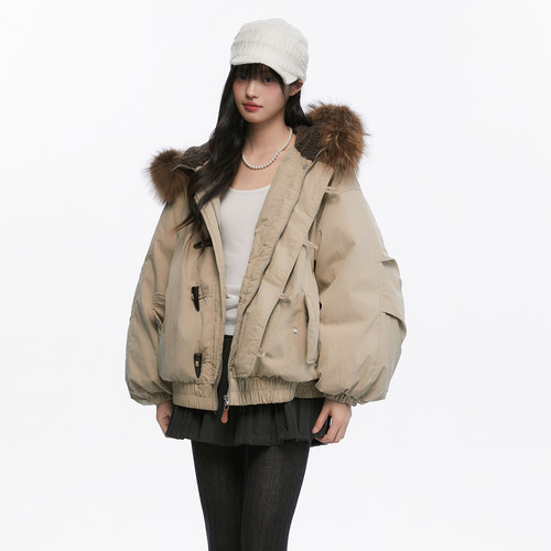 Pinkers联名款毛领牛角扣连帽羽绒服女冬季白鸭绒保暖加厚外套女