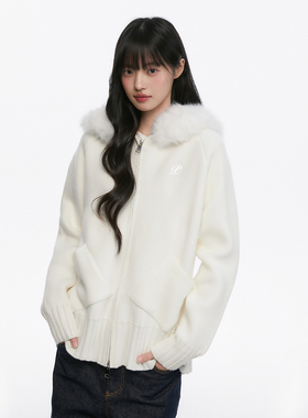 Pinkers联名款韩系连帽毛领针织衫女秋冬宽松休闲百搭毛衣外套女