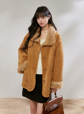 Pinkers联名款韩系羊羔毛皮毛一体机车服女冬季宽松加厚麂皮外套
