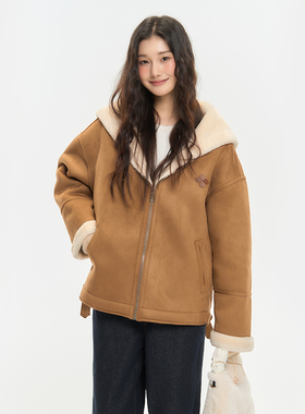 Pink ers联名款冬季复古减龄加绒皮毛一体外套毛绒海军领麂皮上衣