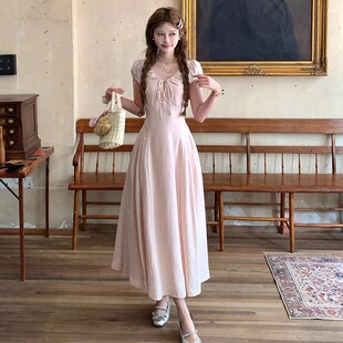 a字收腰显瘦公主裙女 复古v领连衣裙夏日气质长款 Pink ers联名法式