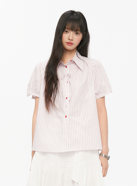 Pink ers 联名款夏季减龄红色条纹蝴蝶结短袖设计感泡泡袖衬衣女