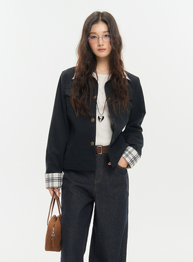 Pink ers联名款春秋新款复古文艺格纹拼接修身休闲夹克短款外套女