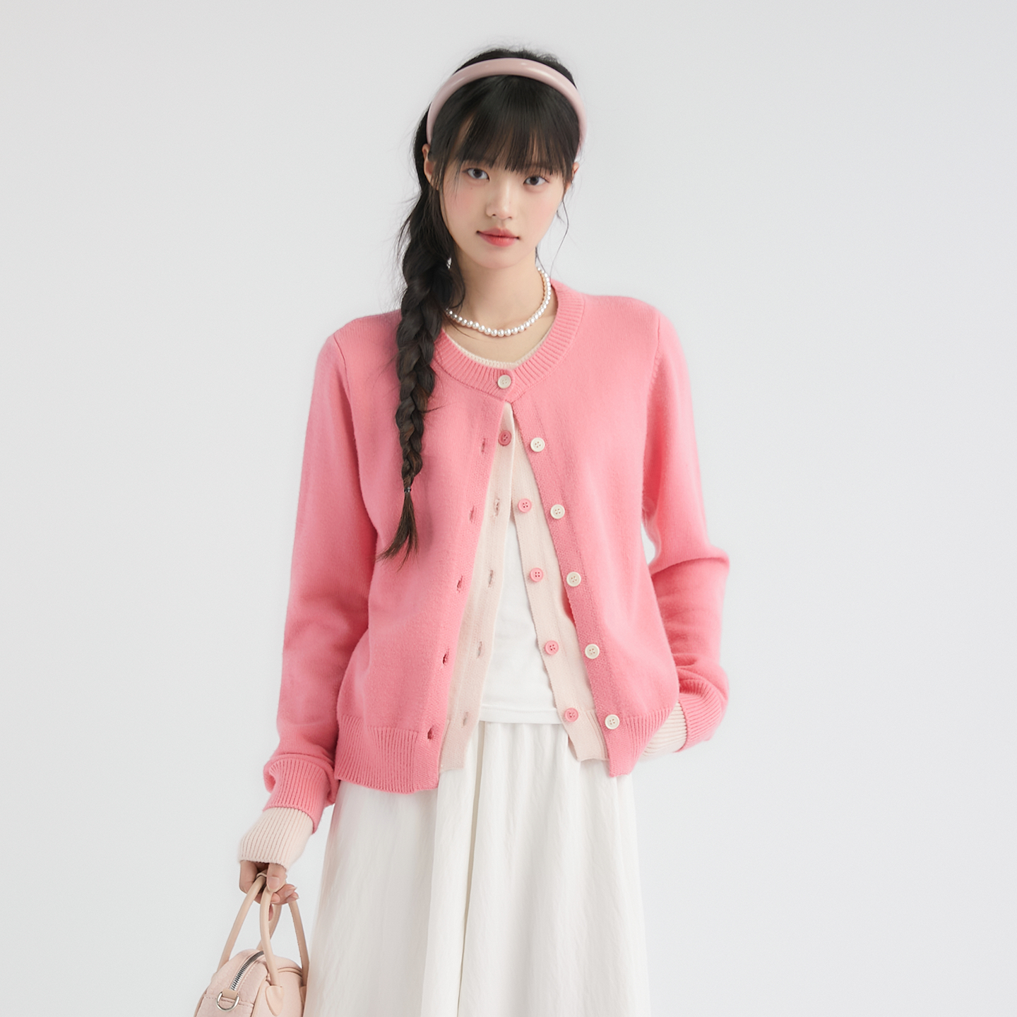 Pink ers联名款韩系氛围感甜美圆领拼接针织开衫女百搭软糯上衣女