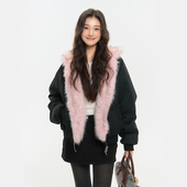 Pink ers联名款 秋冬甜酷辣妹粉墨撞色毛绒外套双面可穿皮草上衣