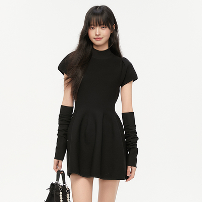 Pink ers联名款夏秋高级感针织蓬蓬裙收腰a字小黑裙气质连衣裙女