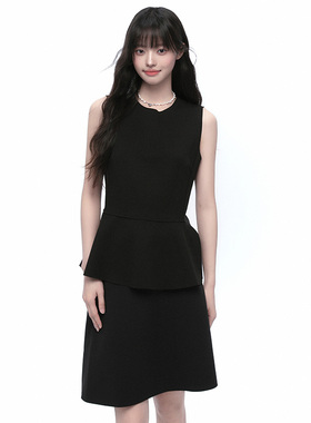 Pink ers联名款无袖收腰荷叶衣摆背心女新款伞裙半身裙黑色套装女