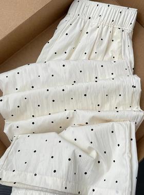 1495#白色波点休闲阔腿裤女小个子宽松慵懒垂感高腰冰丝山本裤