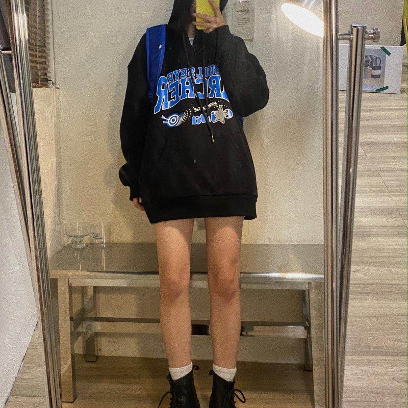 加绒加厚中长款连帽卫衣女2025年新款宽松韩版港风黑色外套上衣秋