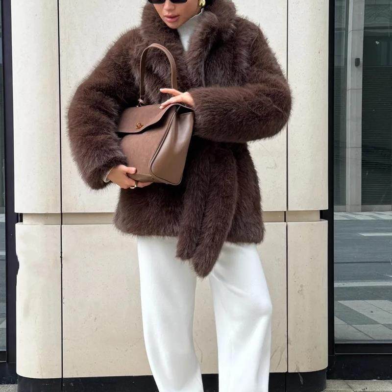 冬季加厚仿皮草外套女中长款系腰带狐狸毛大衣西装领时尚毛绒女装