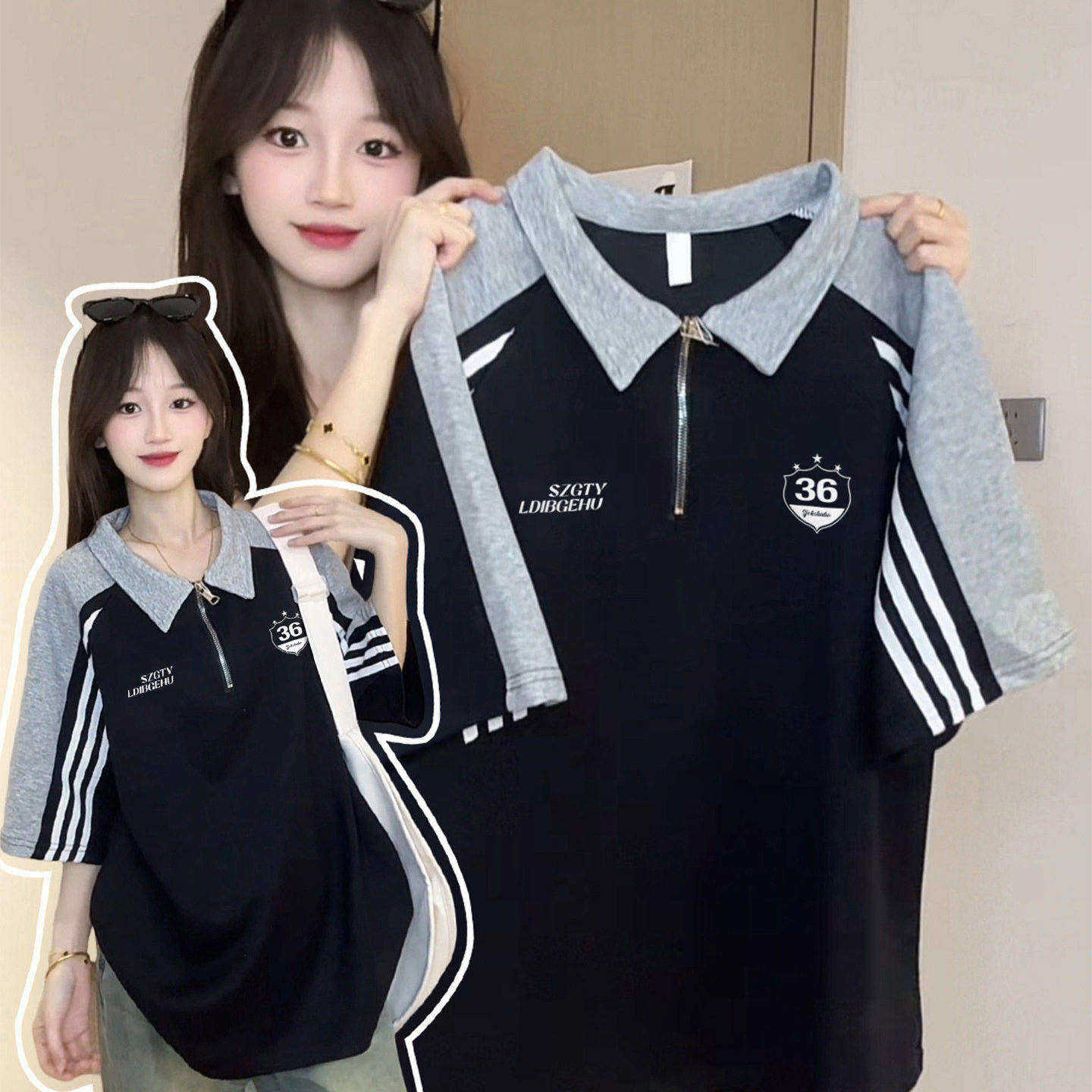 三条杠拼接polo领短袖t恤女夏季宽松美式复古半拉炼翻领T恤上衣