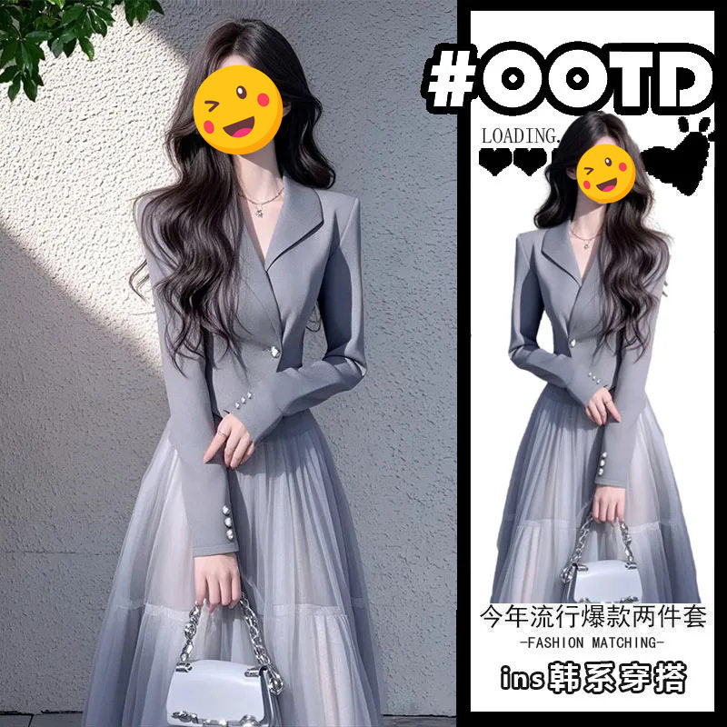 2025年春季轻奢高级感气质名媛小香风灰色西装外套网纱半身裙套装
