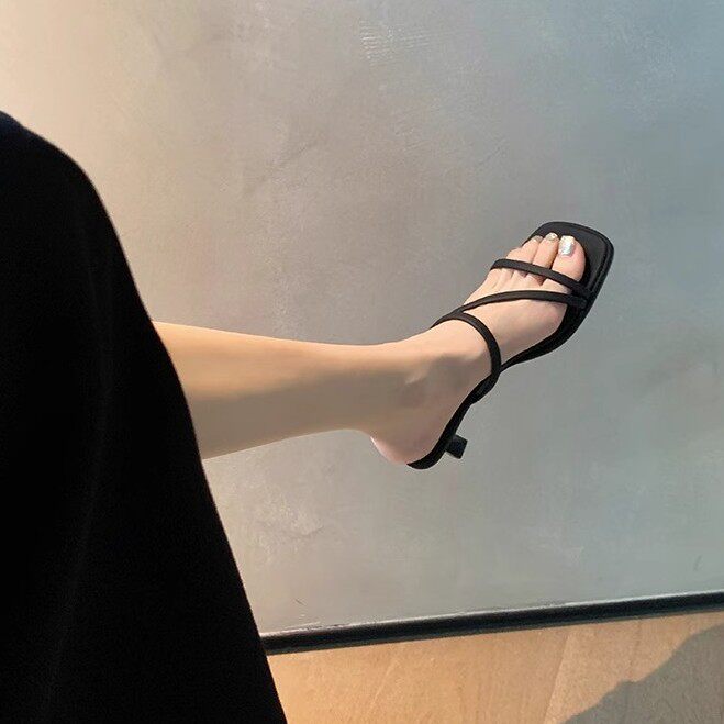 羊皮版~法式仙女风方头凉鞋细跟显瘦2025新款高跟凉露趾拖鞋女夏