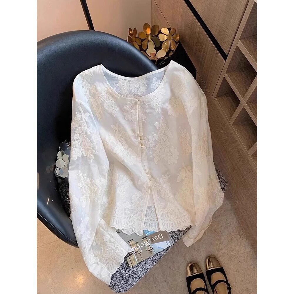 新中式中国风盘扣白色蕾丝衬衫女宽松2026夏薄款防晒衫上衣A3661