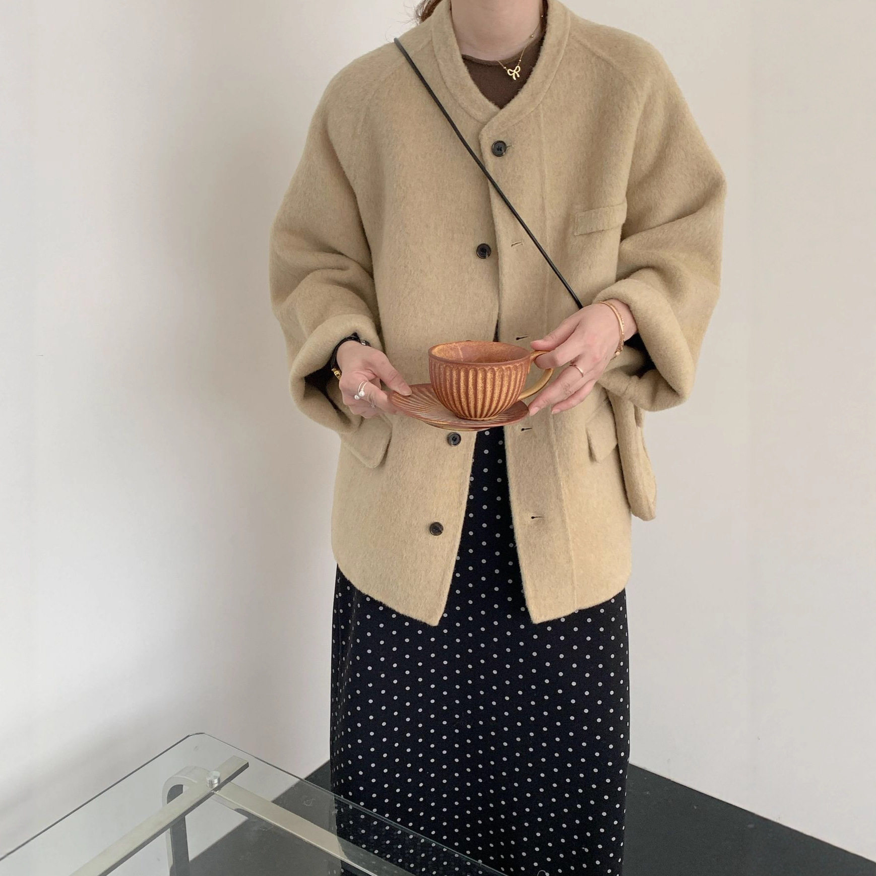 圆领双面呢大衣女中长款单排扣加厚小个子高级感毛呢外套韩版呢子