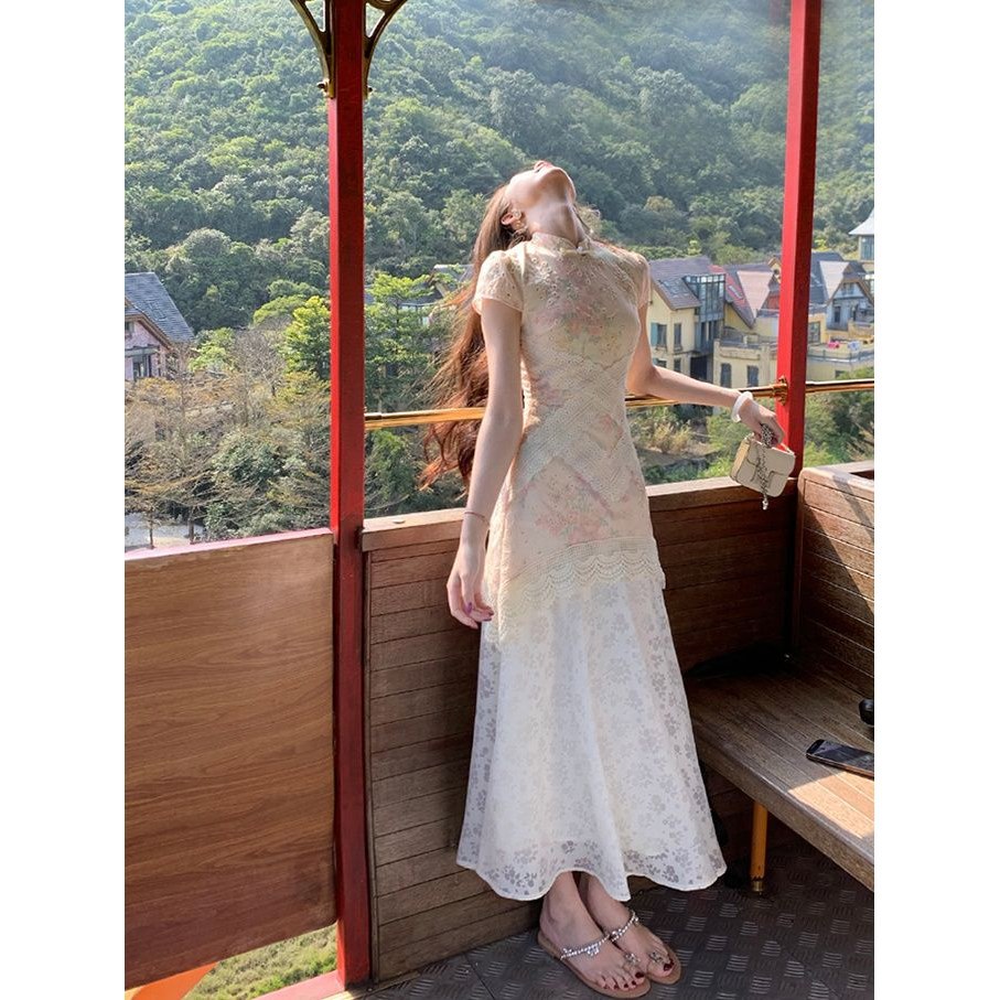 开春绝美新中式改良旗袍夏季新款女夏蕾丝假两件镂空碎花连衣裙