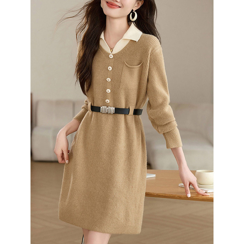 秋冬假两件套装打底衫内搭中长款毛衣裙子2025新款衬衣领连衣裙女