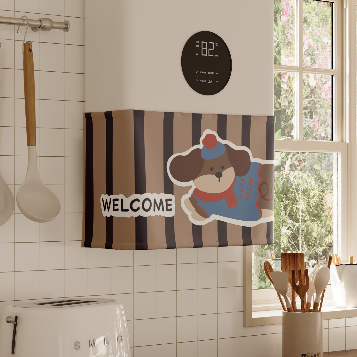 可爱腊肠狗热水器遮挡帘罩布水管遮丑帘布厨房燃气炉装饰帘魔术贴