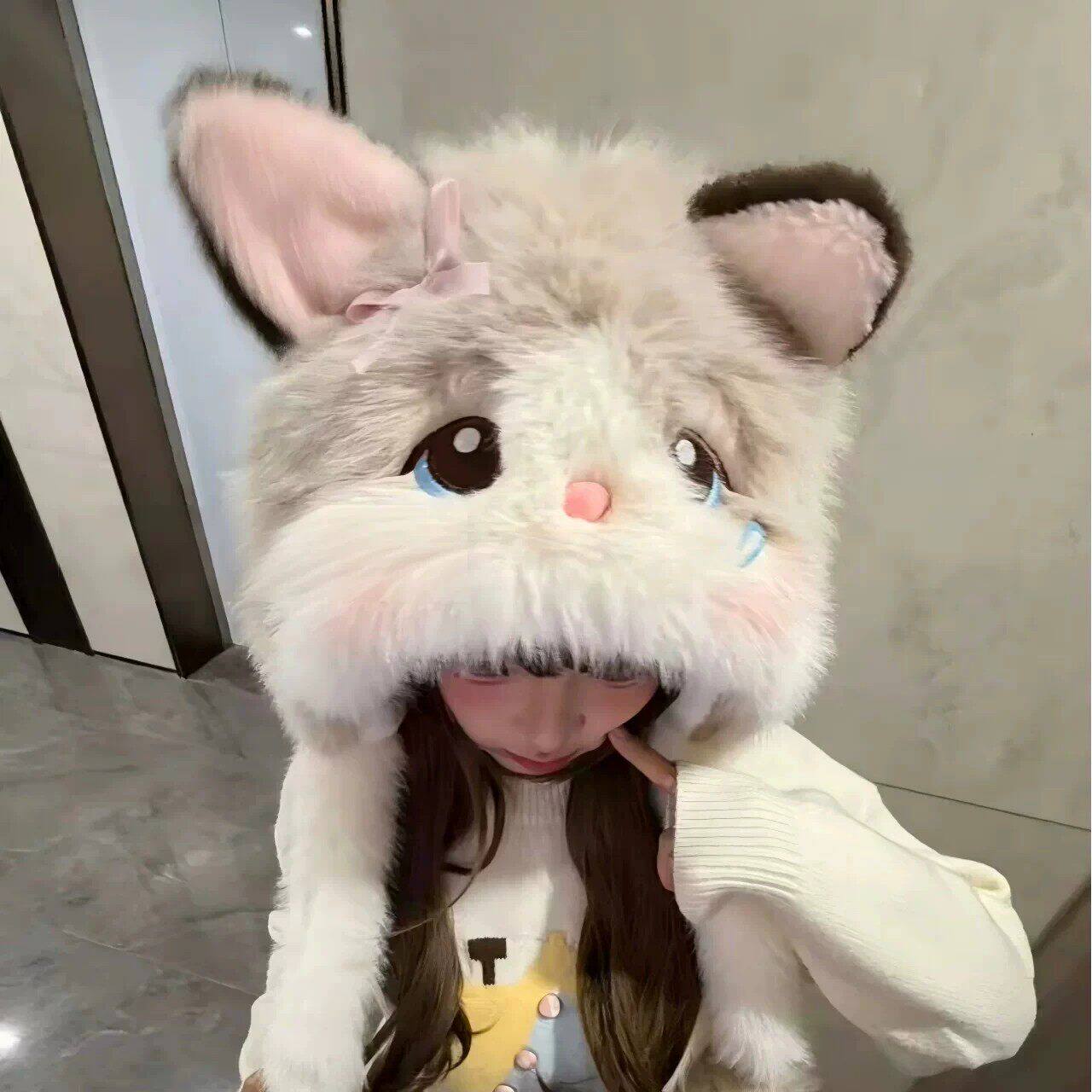 布偶猫毛绒帽子猫咪耳朵会动护耳帽女生秋冬保暖拍照头套卡通可爱