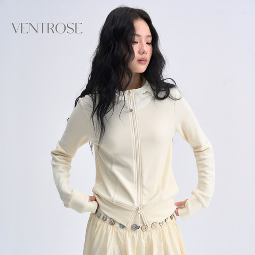VENTROSE连帽双头拉链卫衣女修身薄绒开衫外套米白色高弹舒适上衣