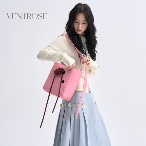 VENTROSE原创新品粉色棕色蝴蝶兰长肩带水桶包托特包