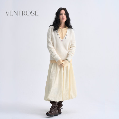 VENTROSE原创正反两穿V领兔绒针织衫女纽扣装饰百搭毛衣上衣