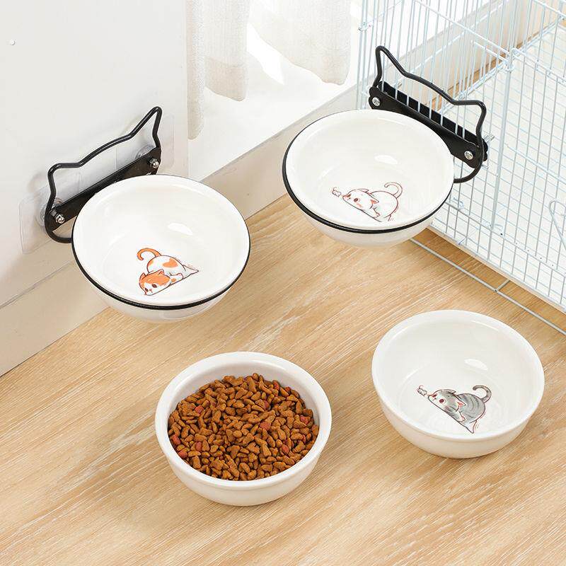 猫咪饭碗陶瓷宠物碗饮水碗护颈双碗狗食盆不易防打翻猫碗悬挂式壁