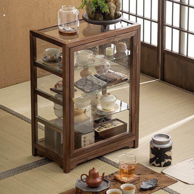 北美黑胡桃木文玩茶具落地一体陈列收纳柜多层玻璃模型瓷器展示柜