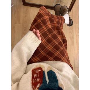 复古红棕色毛呢格子半身裙大码女胖mm显瘦秋冬格纹a字中长款裙子