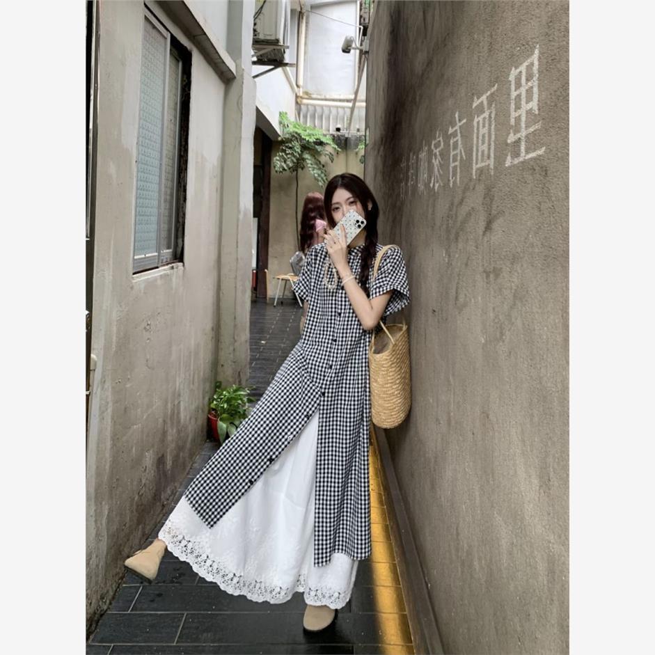 撞色格子衬衫连衣裙女夏