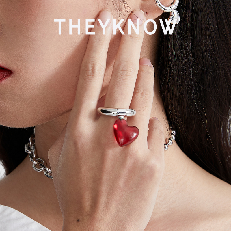 THEYKNOW玻璃心戒指情侣ins风红色爱心指环女友情人节礼物高级感
