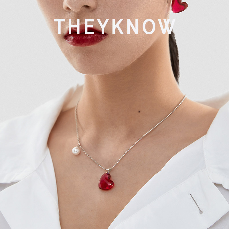 THEYKNOW玻璃心珍珠项链女情侣吊坠锁骨链红色爱心项链节日送礼物