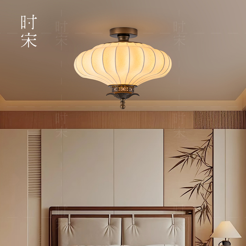 宋式美学吸顶灯禅意复古风蚕丝布艺圆形灯罩玄关过道新中式卧室灯