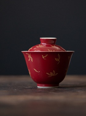 郎红烫金盖碗功夫茶具陶瓷仿烫泡茶碗家用红色国风主泡碗