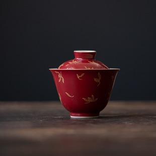 郎红烫金盖碗功夫茶具陶瓷仿烫泡茶碗家用红色国风主泡碗