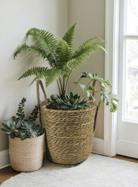 草绳编织篮子花篮室内植物绿植落地花盆摆件家居手提装饰篮带内衬