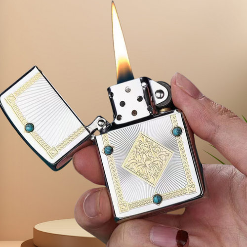 祝融-佐罗黄铜煤油打火机Z92116花盆图形镶嵌绿松石批发代发跨境