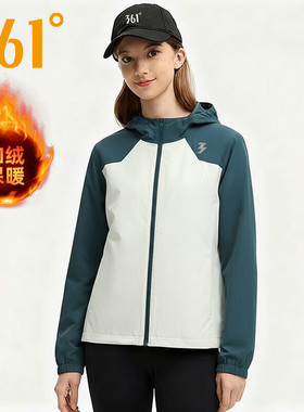 361°绒里风衣连帽保暖女装外套2025冬季新款宽松撞色运动上衣