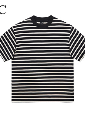 J.C/简裁美式短袖T恤230克小落肩条纹宽松休闲百搭男士半袖新款