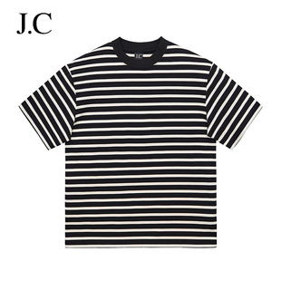 简裁美式 新款 短袖 半袖 T恤230克小落肩条纹宽松休闲百搭男士 J.C